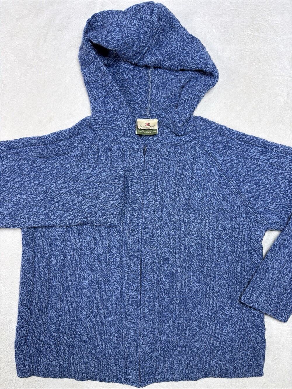 Carraig Donn Wool Hooded Cable Knit Cardigan Blue Fisherman Zip Sweater Sz Lg